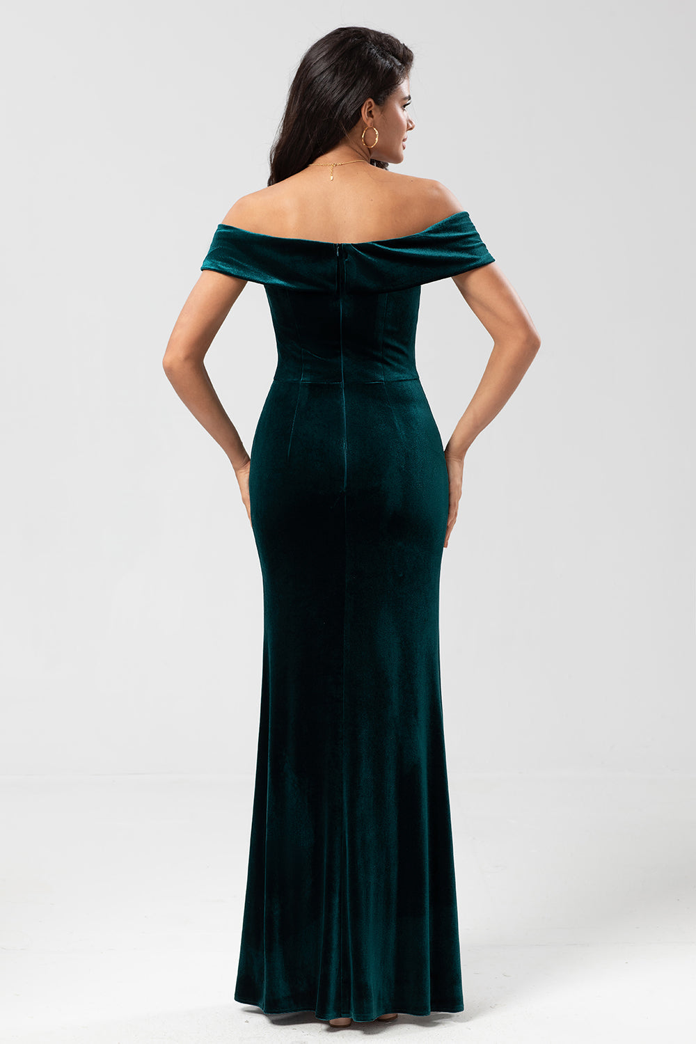 Epitome of Romance Mermaid Off the Shoulder Peacock Green Velvet Bridesmaid Dress