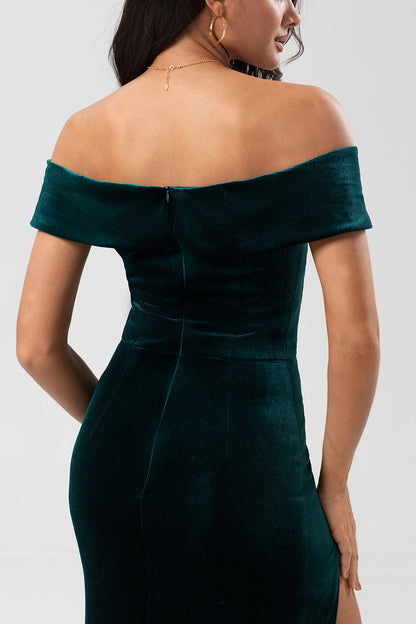 Epitome of Romance Mermaid Off the Shoulder Peacock Green Velvet Bridesmaid Dress