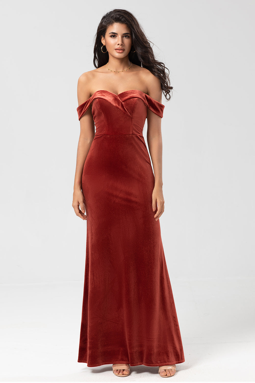 Keeper of My Heart Mermaid Off the Shoulder Terracotta Velvet Bridesmaid Dress