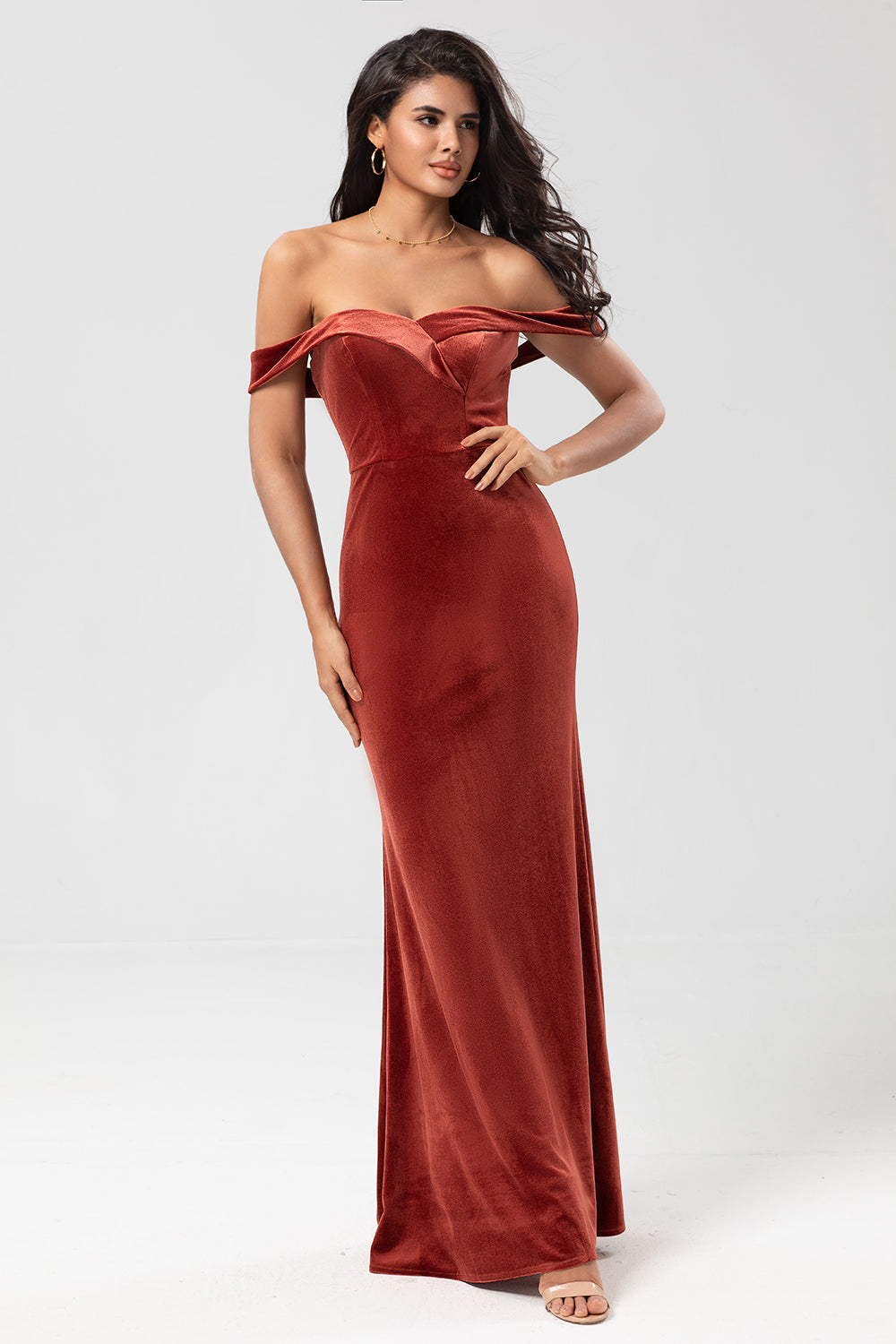 Keeper of My Heart Mermaid Off the Shoulder Terracotta Velvet Bridesmaid Dress