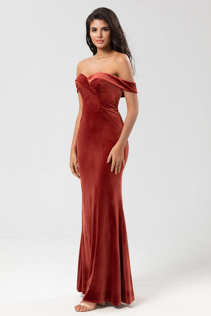 Keeper of My Heart Mermaid Off the Shoulder Terracotta Velvet Bridesmaid Dress