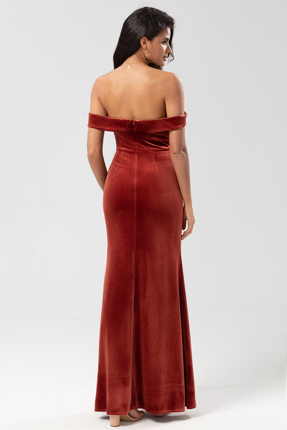 Keeper of My Heart Mermaid Off the Shoulder Terracotta Velvet Bridesmaid Dress