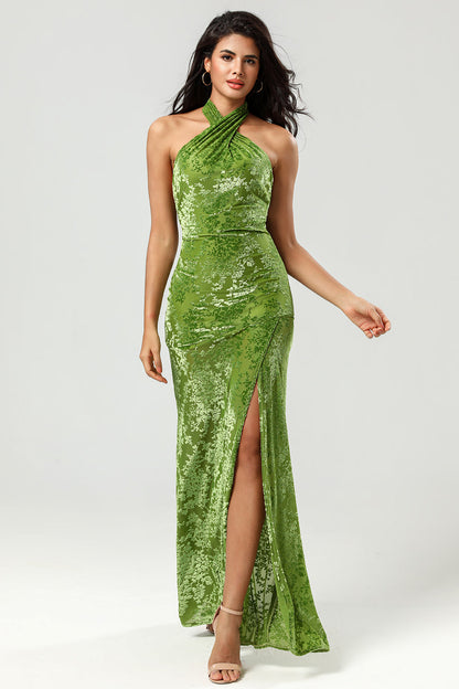 Confidently Charismatic Mermaid Halter Neck Olive Velvet Long Bridesmaid Dress