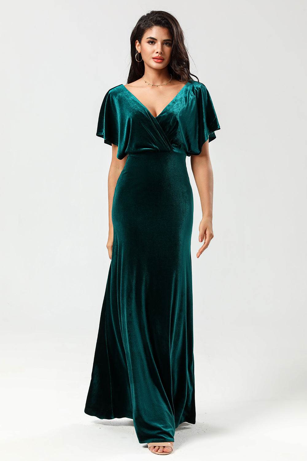 Confidently Charismatic A Line V-Neck Peacock Velvet Bridesmaid Dress with Ruffles