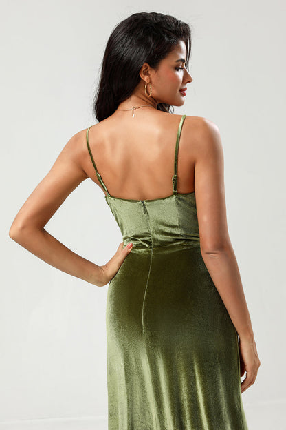 Velvet A Line Green Bridesmaid Dress with Slit