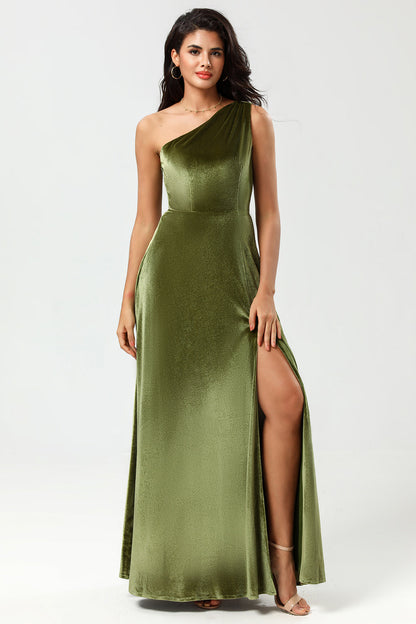 One Shoulder A Line Velvet Green Bridesmaid Dress with Slit