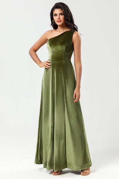 One Shoulder A Line Velvet Green Bridesmaid Dress with Slit