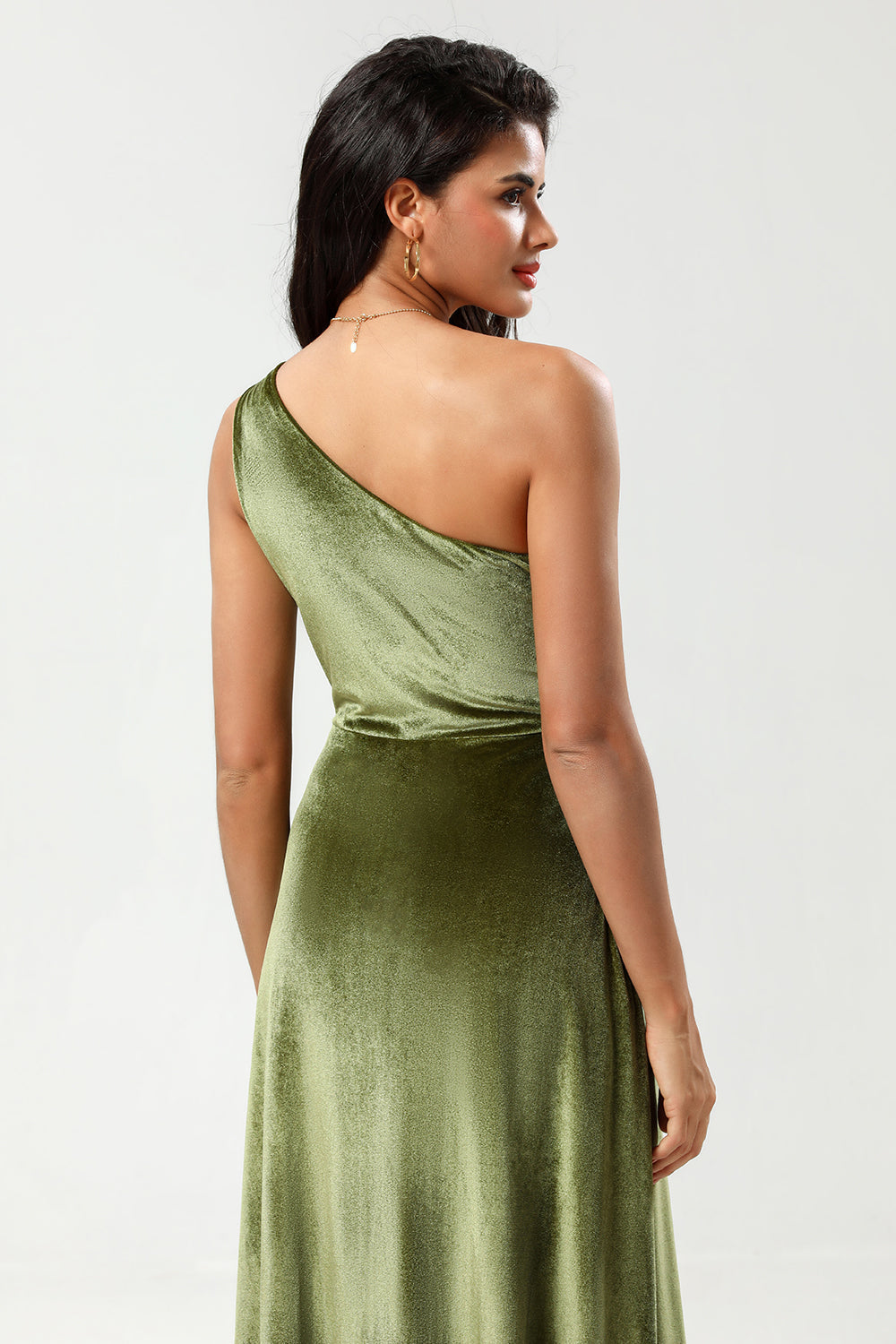 One Shoulder A Line Velvet Green Bridesmaid Dress with Slit