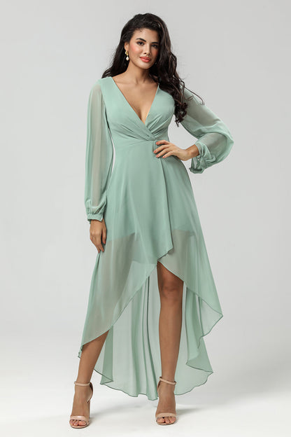 High-low Chiffon A Line Green Bridesmaid Dress with Long Sleeves