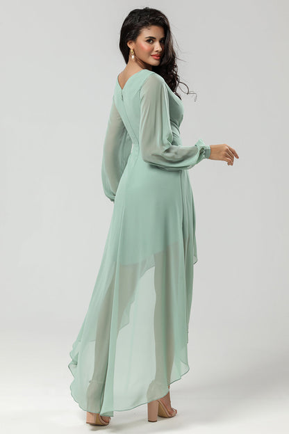 High-low Chiffon A Line Green Bridesmaid Dress with Long Sleeves