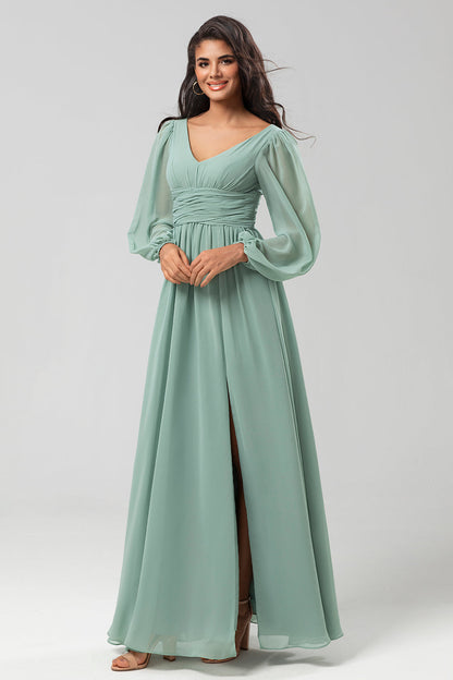 A Line Green Long Sleeves Bridesmaid Dress with Slit