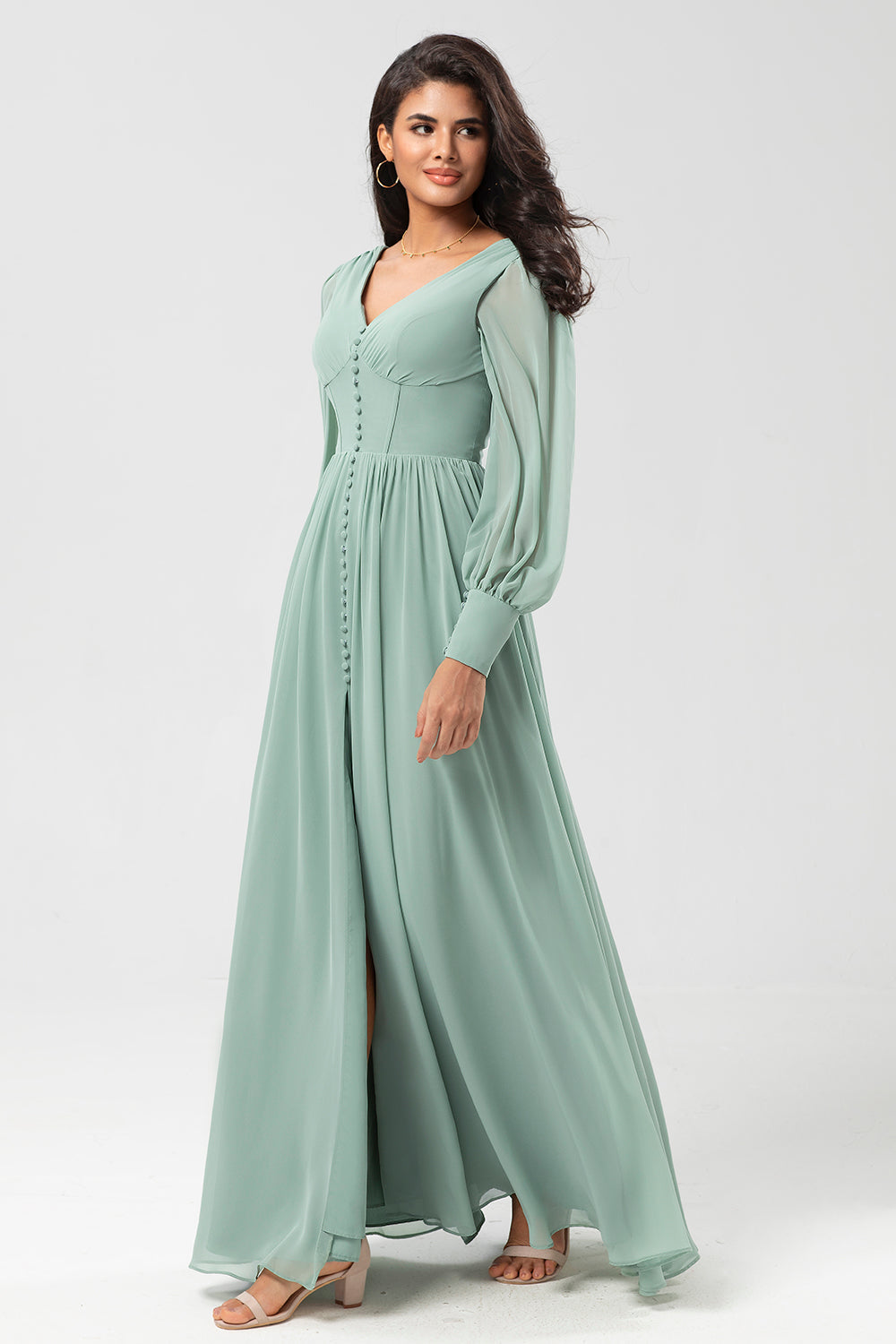 Chiffon A Line Long Sleeves Bridesmaid Dress with Buttons