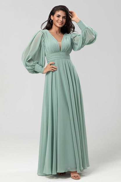 Detachable Long Sleeves Chiffon Green Bridesmaid Dress with Pleated