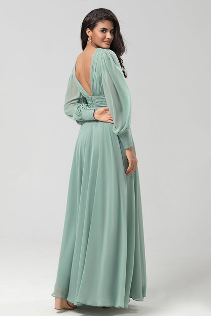 Detachable Long Sleeves Chiffon Green Bridesmaid Dress with Pleated