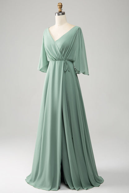 Matcha Batwing Sleeves Long Chiffon Bridesmaid Dress with Slit