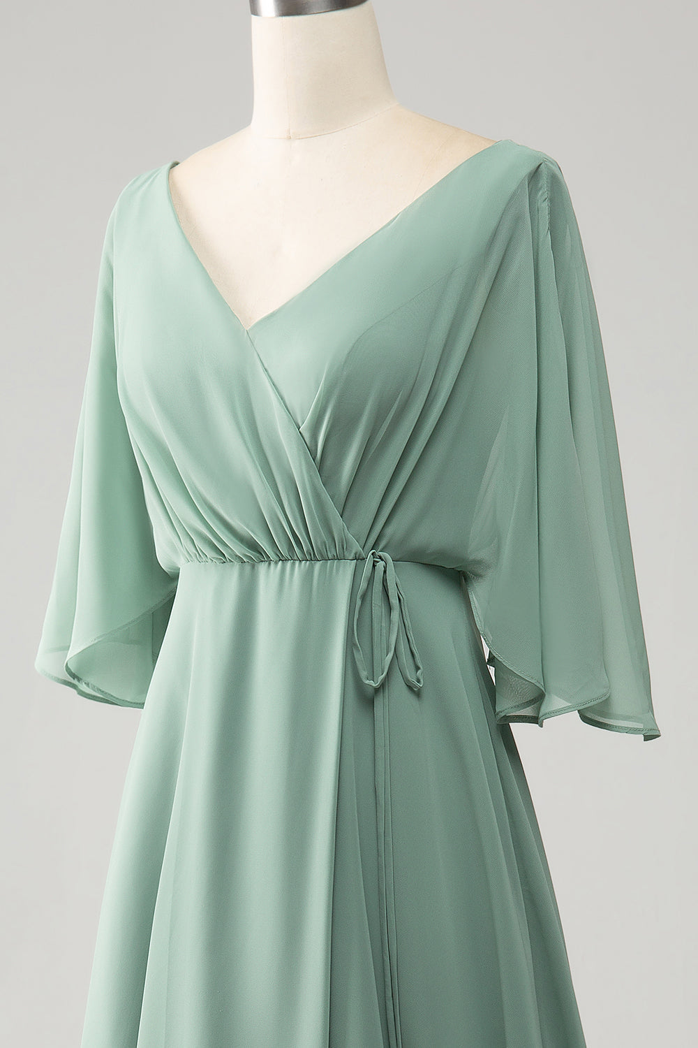 Matcha Batwing Sleeves Long Chiffon Bridesmaid Dress with Slit