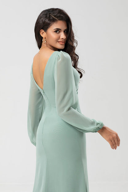 Long Sleeves Green Bridesmaid Dress with Slit