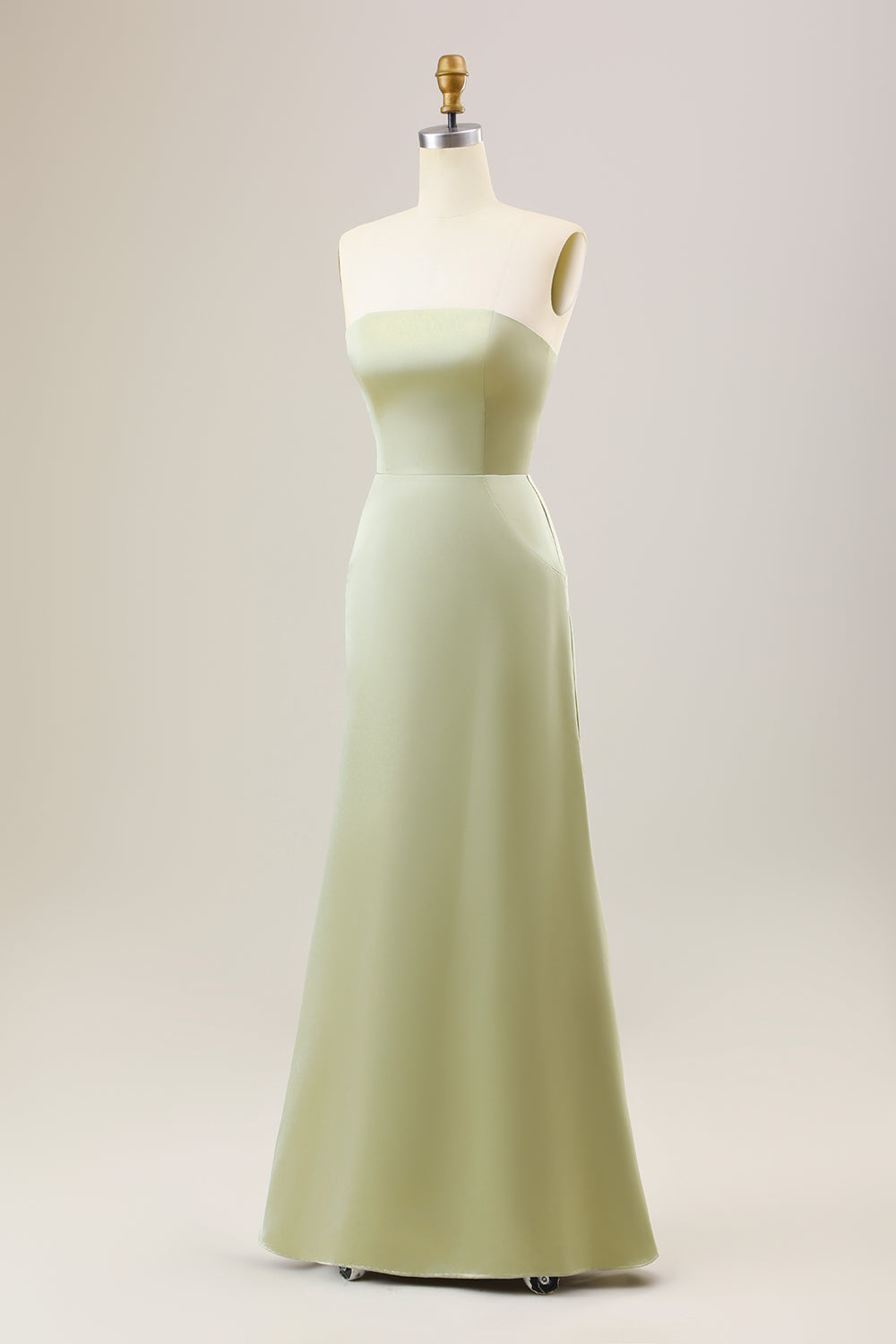 Dusty Sage A Line Strapless Satin Long Bridesmaid Dress