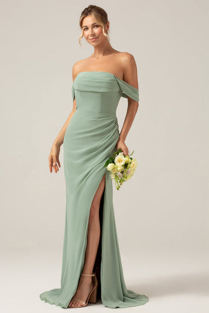 Off the Shoulder Sheath Chiffon Pleated Dusty Sage Bridesmaid Dress