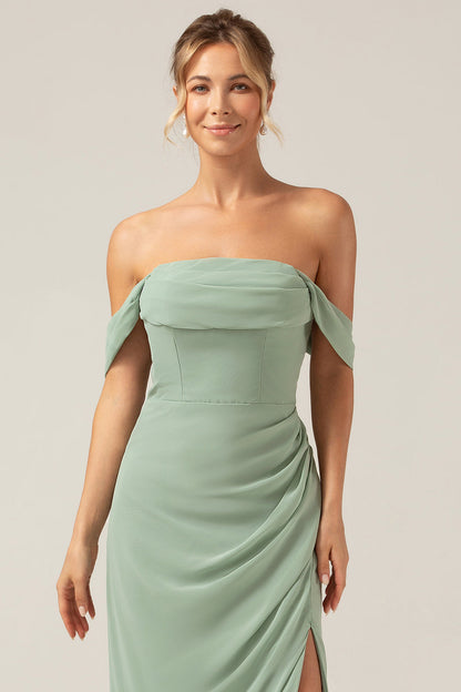 Off the Shoulder Sheath Chiffon Pleated Dusty Sage Bridesmaid Dress