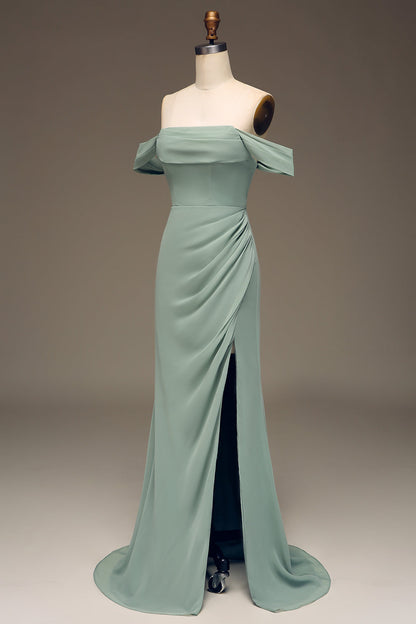 Dusty Sage Off the Shoulder Sheath Chiffon Pleated Long Bridesmaid Dress