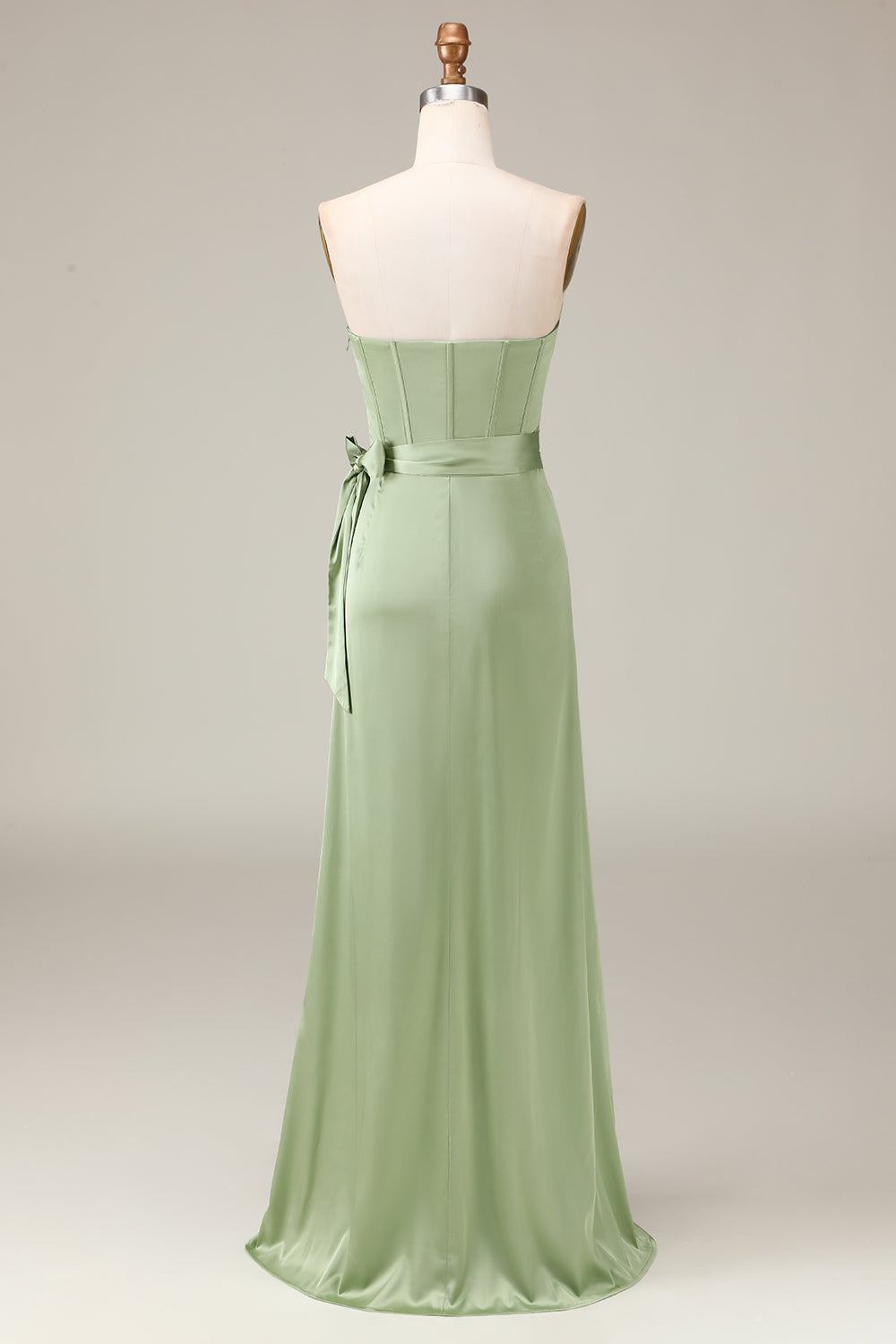 Matcha Strapless Corset A-line Satin Bridesmaid Dress with Slit