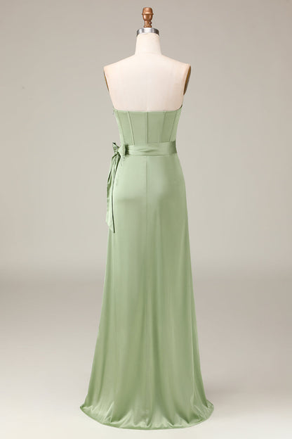 Matcha Strapless Corset A-line Satin Bridesmaid Dress with Slit