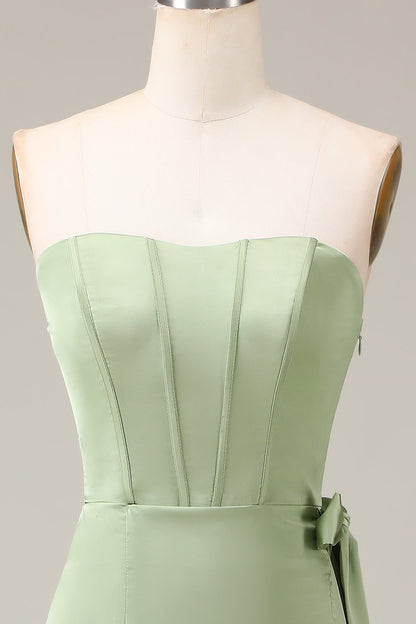 Matcha Strapless Corset A-line Satin Bridesmaid Dress with Slit