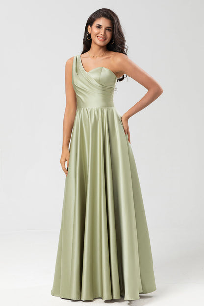 One Shoulder Satin Green Bridesmaid Dress with Pockets