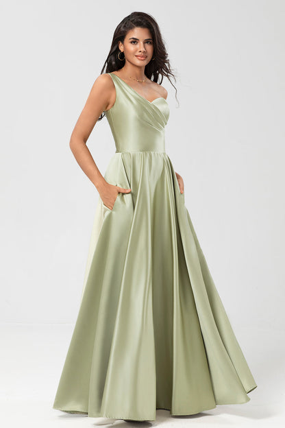 One Shoulder Satin Green Bridesmaid Dress with Pockets