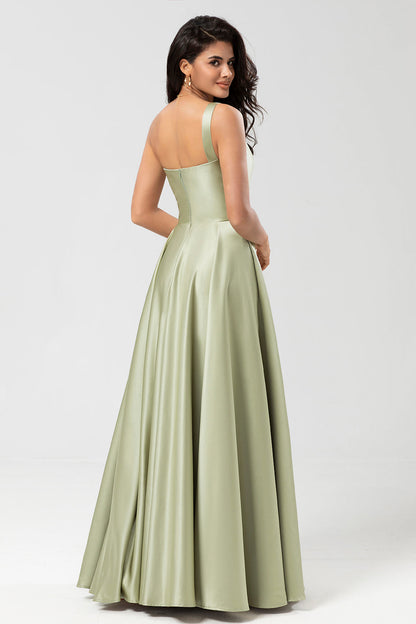 One Shoulder Satin Green Bridesmaid Dress with Pockets