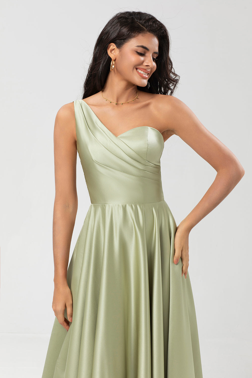 One Shoulder Satin Green Bridesmaid Dress with Pockets