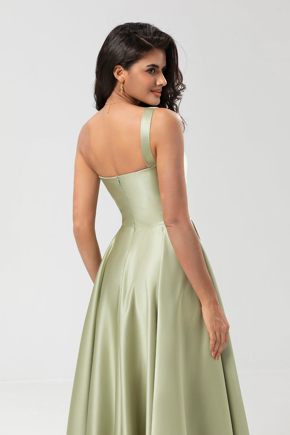 One Shoulder Satin Green Bridesmaid Dress with Pockets