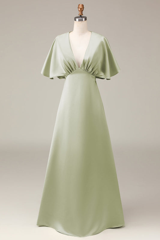 Dusty Sage V-neck Short Sleeves A-line Satin Bridesmaid Dress