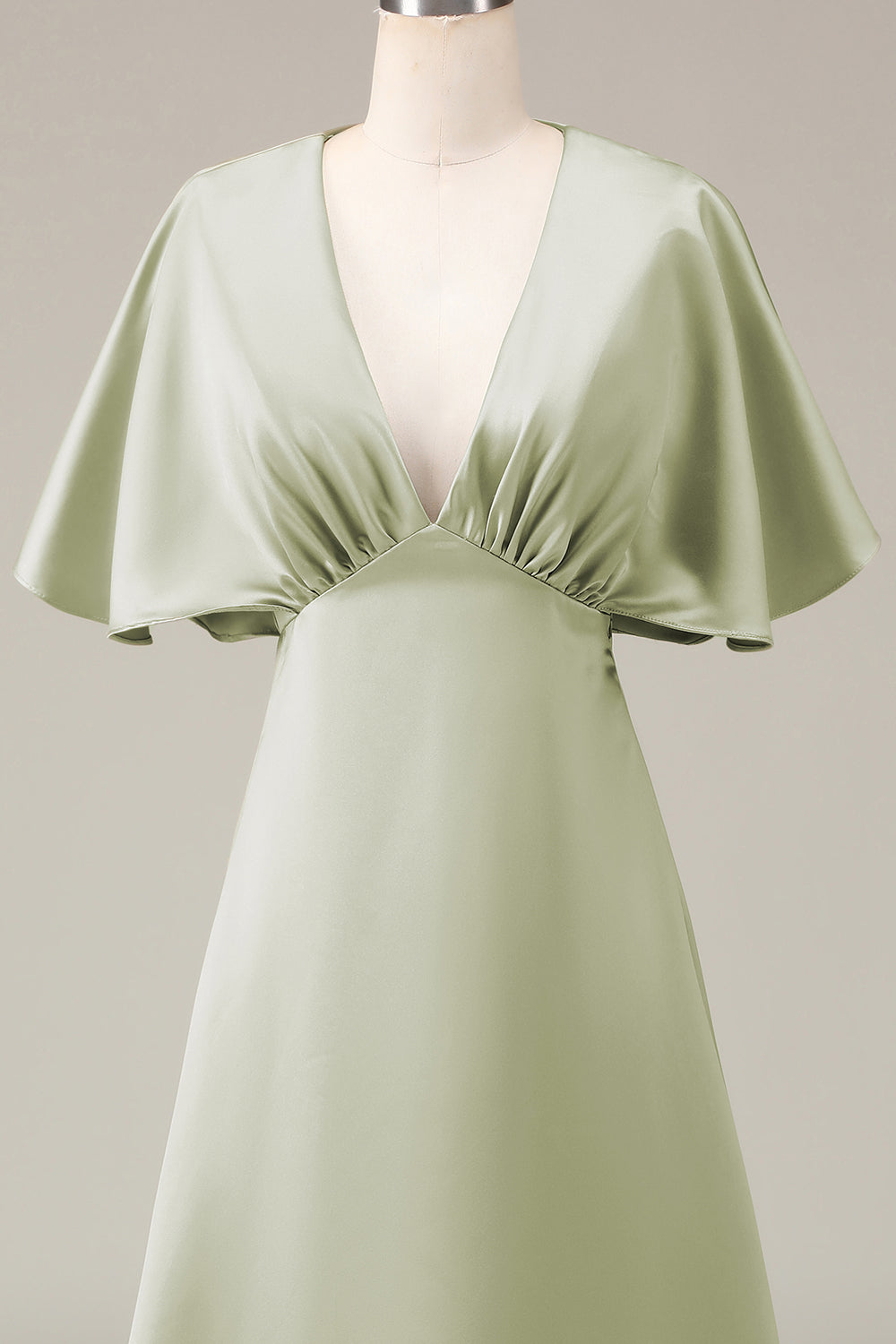 Dusty Sage V-neck Short Sleeves A-line Satin Bridesmaid Dress