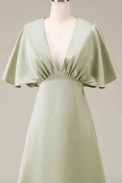 Dusty Sage V-neck Short Sleeves A-line Satin Bridesmaid Dress