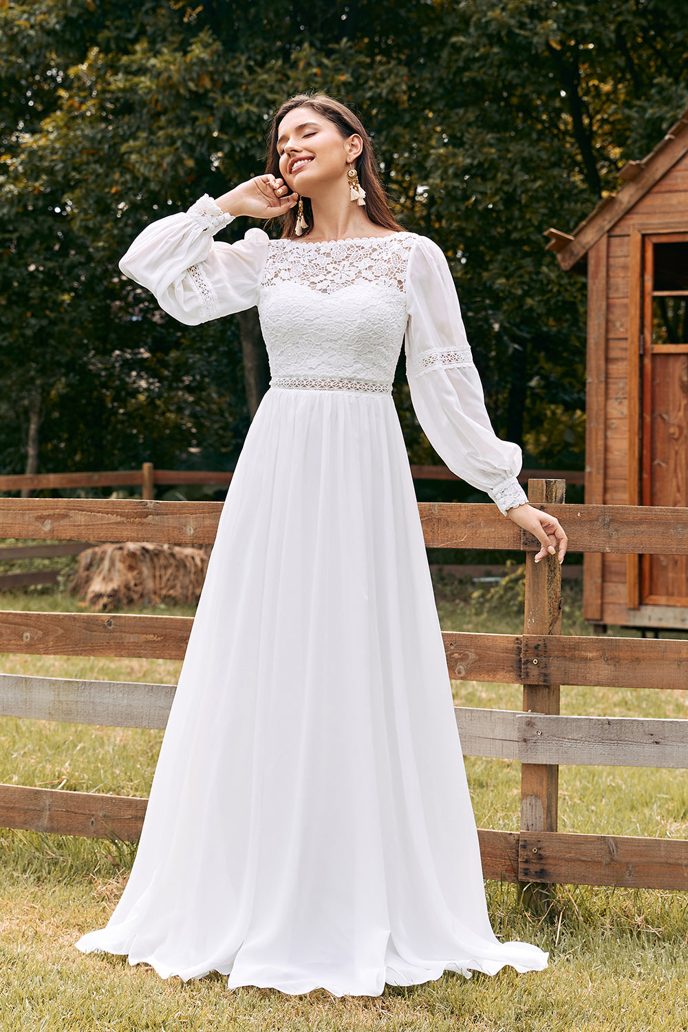 Ivory Bateau Chiffon Long Boho Wedding Dress with Lace