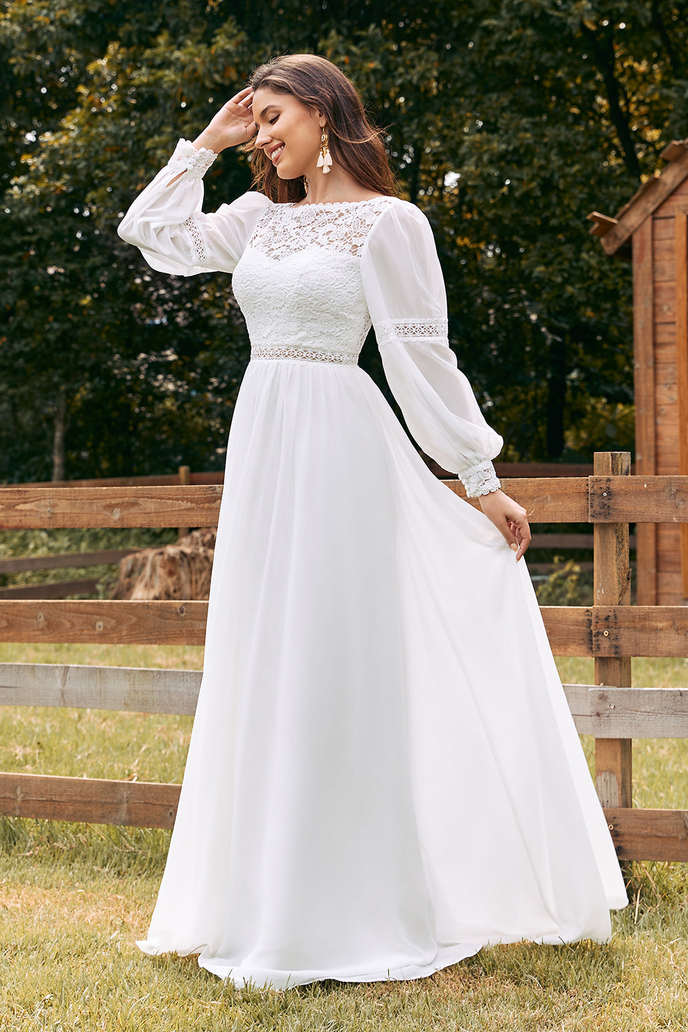 Ivory Bateau Chiffon Long Boho Wedding Dress with Lace