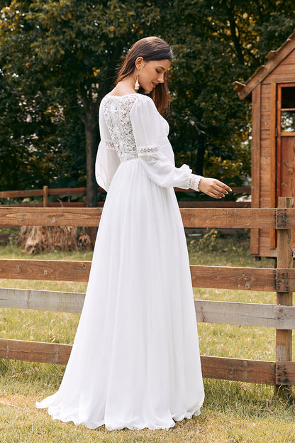 Ivory Bateau Chiffon Long Boho Wedding Dress with Lace