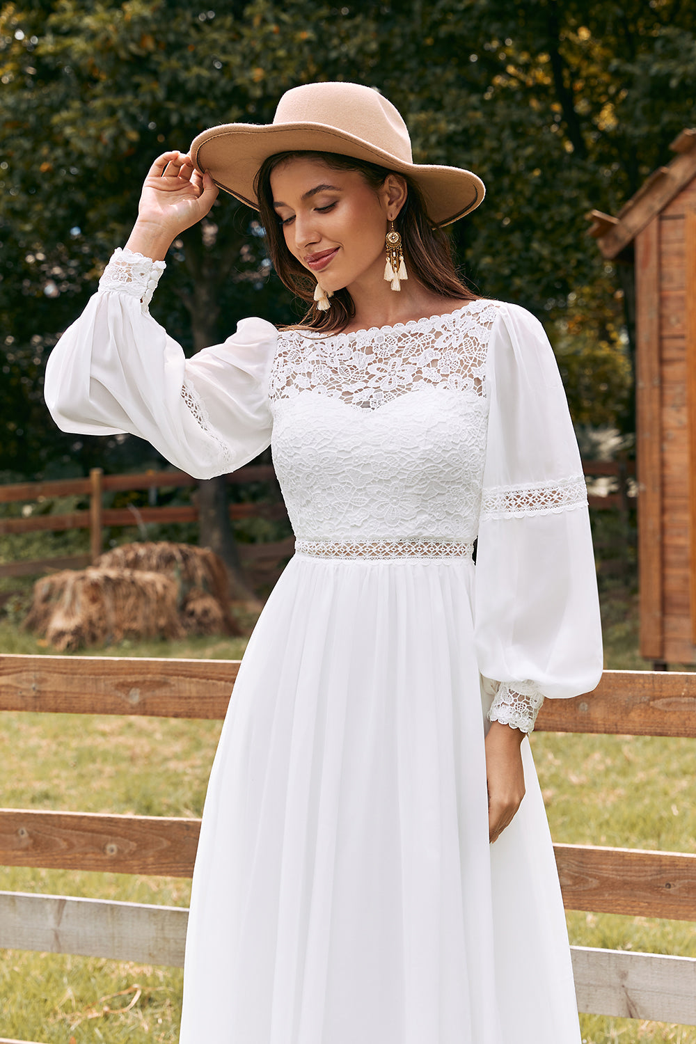 Ivory Bateau Chiffon Long Boho Wedding Dress with Lace