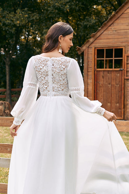 Ivory Bateau Chiffon Long Boho Wedding Dress with Lace