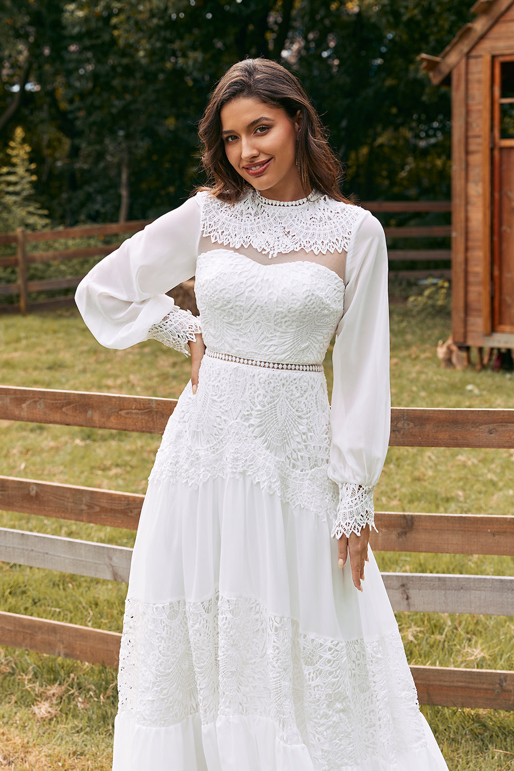 Ivory Long Sleeves Boho Wedding Dress with Lace