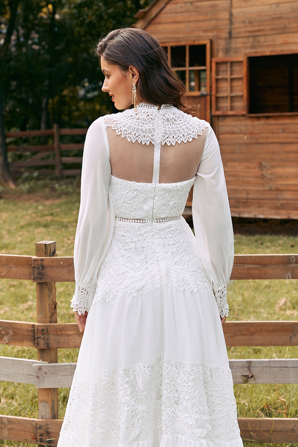 Ivory Long Sleeves Boho Wedding Dress with Lace