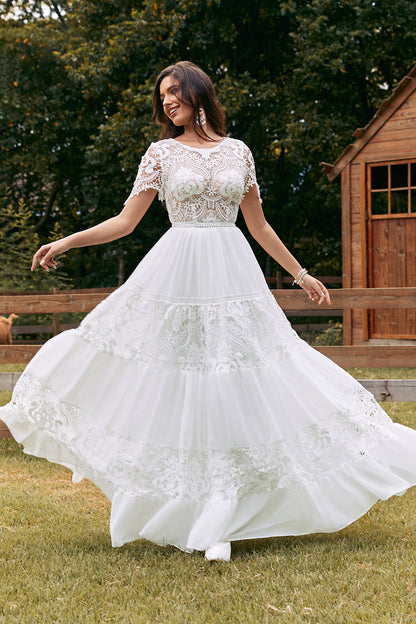 Ivory Short Sleeves Boho Chiffon Wedding Dress with Lace