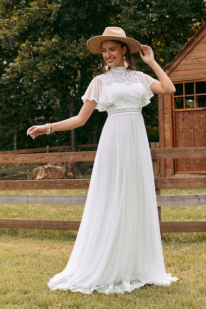 Vintage Ivory Chiffon Boho Wedding Dress with Lace