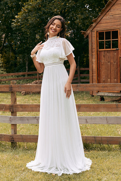 Vintage Ivory Chiffon Boho Wedding Dress with Lace