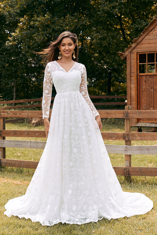 Ivory A-Line V-Neck Lace Sweep Train Wedding Dress with Sleeves