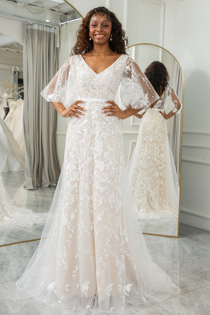 Ivory Batwing Sleeves Lace Sweep Train Wedding Dress