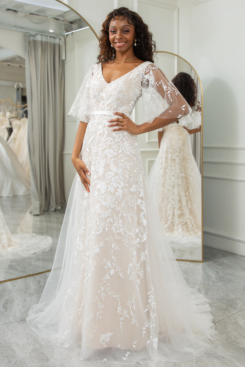 Ivory Batwing Sleeves Lace Sweep Train Wedding Dress