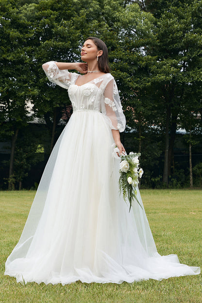 Ivory Puff Sleeves Corset Wedding Dress with 3D Flowers